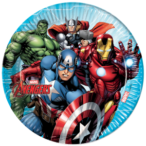 Confezione da 8 piatti in carta resistente con immagini di Capitan America, Hulk, Thor e Iron Man.