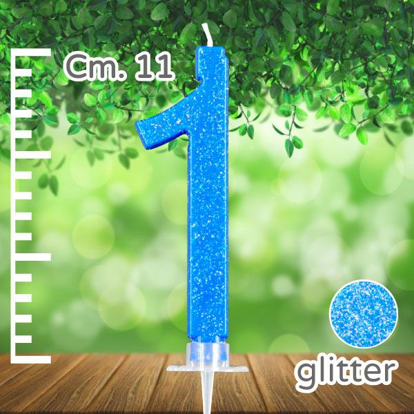 Candela Glitterata N.1 azzurra, con GLITTER GRANDE 10,8cm.