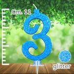 Candela Glitterata N.3 azzurra, con GLITTER GRANDE 10,8cm.
