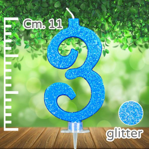 Candela Glitterata N.3 azzurra, con GLITTER GRANDE 10,8cm.