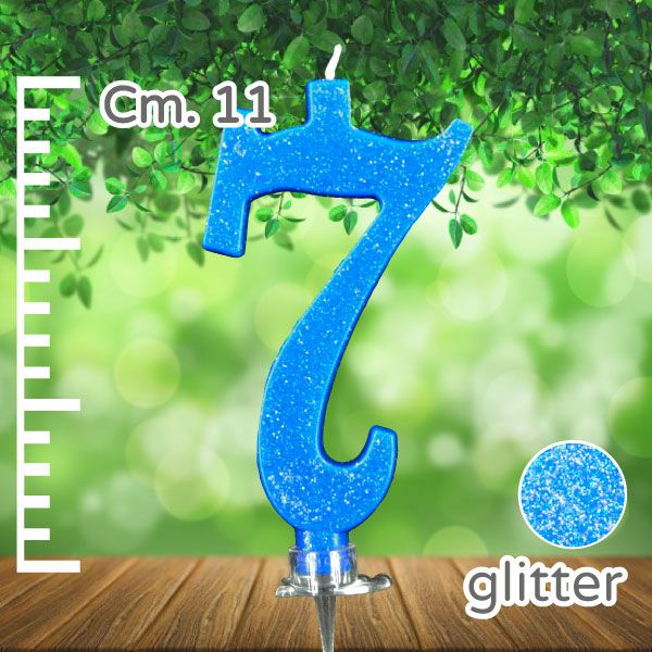 Candela Glitterata N.7 azzurra, con GLITTER GRANDE 10,8cm.