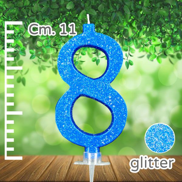 Candela Glitterata N.8 azzurra Candela Glitterata N.8 azzurra, con GLITTER GRANDE 10,8cm.