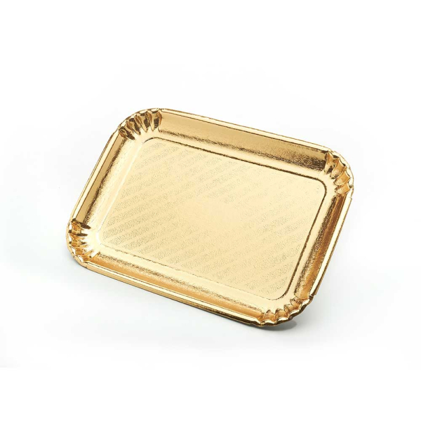 Vassoi alimentari per dolci e pasticceria in cartone colore oro in varie misure.