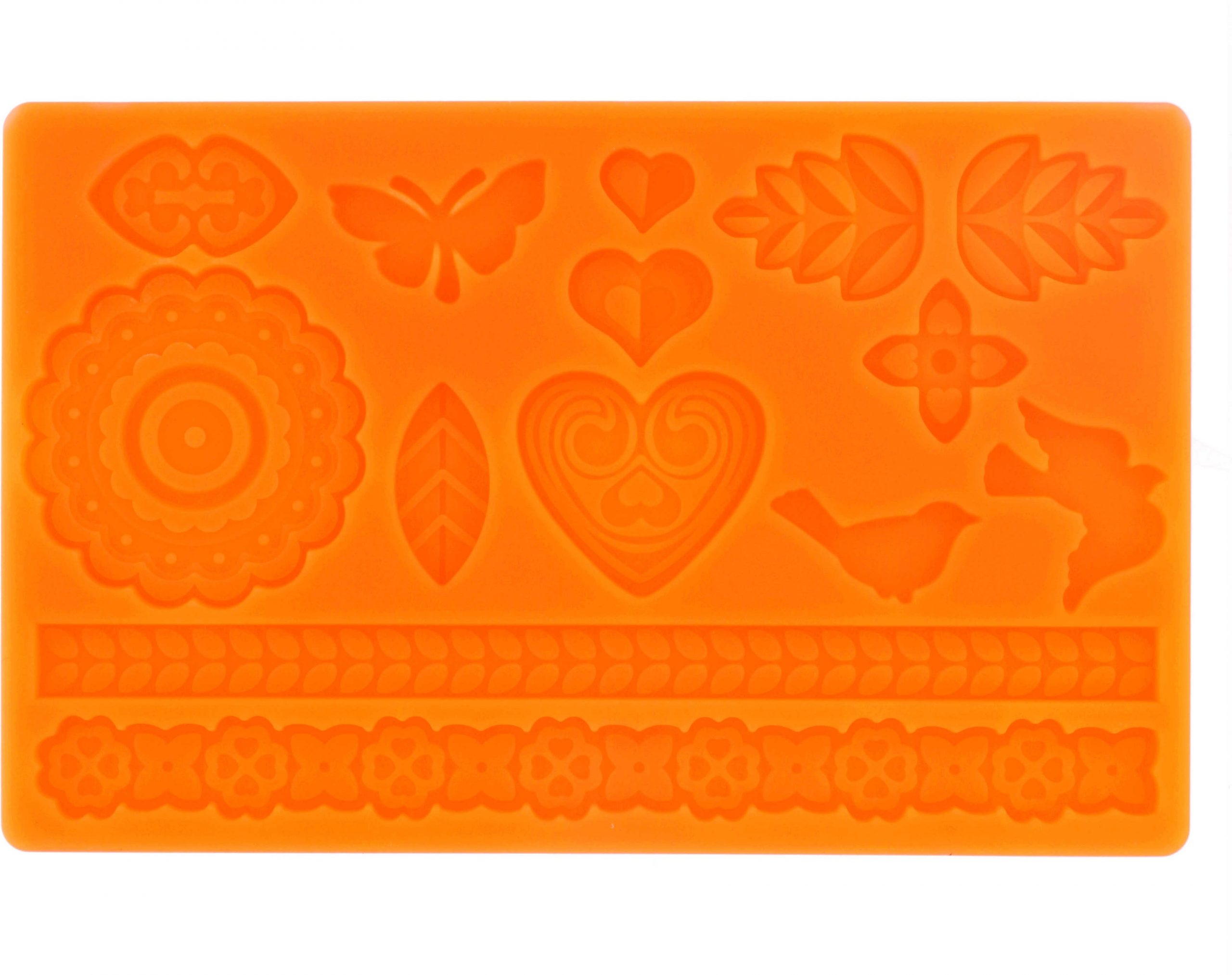 Stampo in silicone con 14 motivi decorativi in stile ghirigori, che comprendono cuori, pulcini e foglie