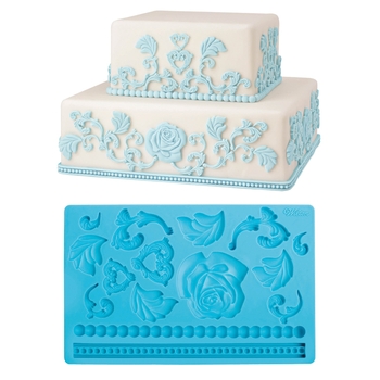 Stampo in silicone con 15 motivi decorativi in stile barocco, che comprendono rose, foglie e ghirigori, molto utili per decorare le coperture di torte e dolci.