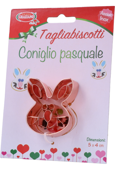 Pratico tagliabiscotti a forma di coniglio pasquale realizzato in acciaio ramato,