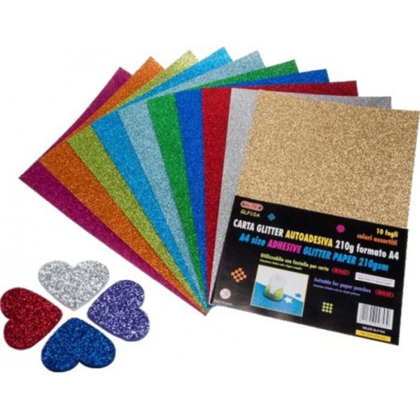 CARTA GLITTER ADESIVA A4 10pz colori assortiti Carta glitter autoadesiva 210 gr. formato A4.