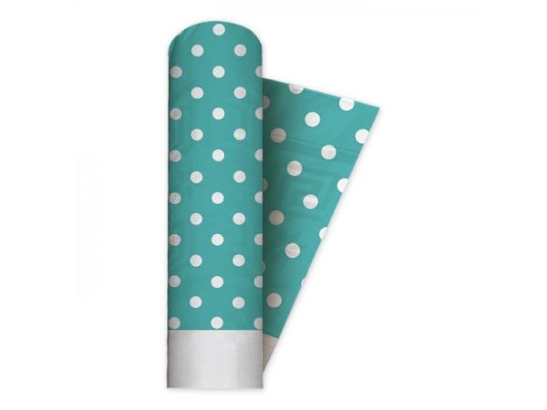 Tovaglia damascata Acqua Marina con pois bianchi