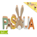 Scritta PASQUA in legno con divertente faccia di coniglio al posto della lettera Q.
