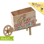 Carretto pasquale in legno con adorabile coniglio e scritta 'Pasqua' in caratteri pastello.