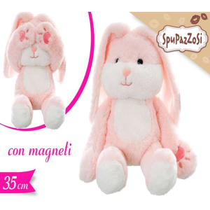 Immagine di un adorabile peluche coniglio rosa, perfetto per la Pasqua.