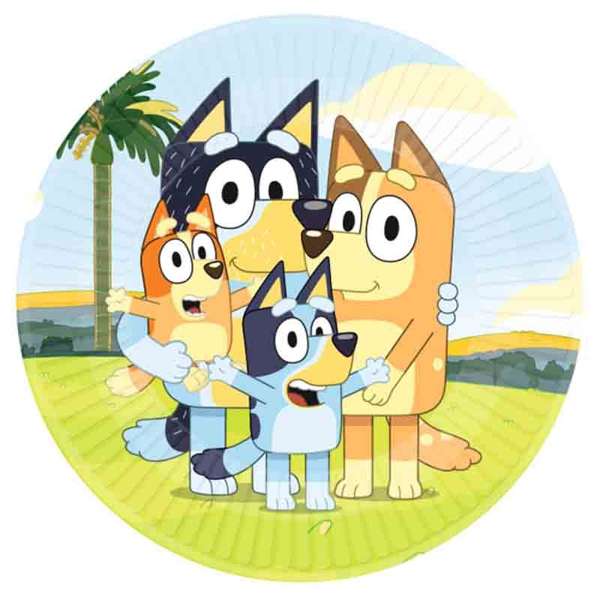 Confezione da 8 piatti in carta con i personaggi di Bluey, disposti su una tavola apparecchiata.