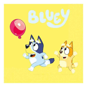Confezione da 16 tovaglioli in carta con i personaggi di Bluey, disposti su una tavola apparecchiata.