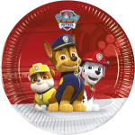 Confezione da 8 piatti in carta con i personaggi di Paw Patrol, disposti su una tavola apparecchiata.