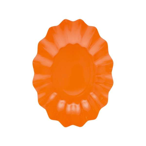 Immagine di 8 piatti in carta di forma nuova e originale con un colore arancione.
