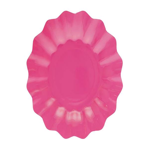 Immagine di 8 piatti in carta di forma nuova e originale con un colore fucsia.