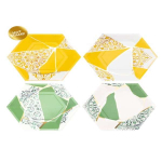 Confezione da 8 piatti esagonali in carta con decoro Kintsugi assortito (4 gialli e 4 verdi), disposti su una tavola apparecchiata.