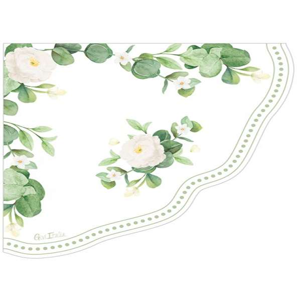 Confezione da 16 tovaglioli in carta con decoro floreale e smerlato, disposti su una tavola apparecchiata.