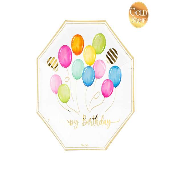 Immagine di 8 piatti ottagonali in carta con una cornice d'oro e palloncini colorati.