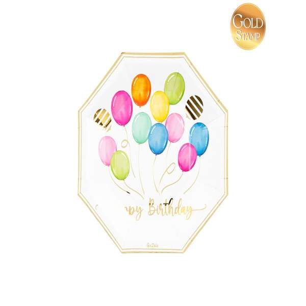 Immagine di 8 piatti ottagonali in carta con una cornice d'oro e palloncini colorati.