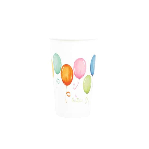 Immagine di 8 bicchieri in carta con palloncini colorati.