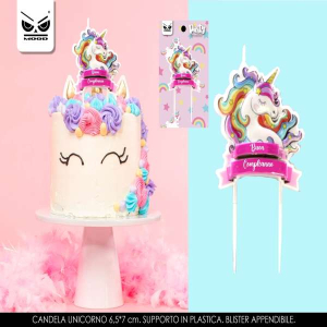 Immagine di una candela a forma di unicorno con scritta "Buon Compleanno".