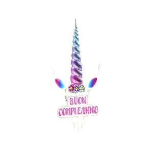 Immagine di una candela a forma di unicorno con scritta "Buon Compleanno".
