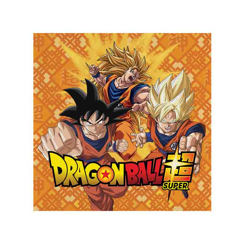 Immagine di 20 tovaglioli in carta a 2 veli con immagini dei personaggi di Dragon Ball Super.
