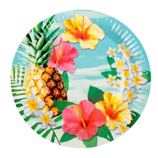 Confezione da 10 piatti in carta a tema Paradise, disposti su una tavola apparecchiata.
