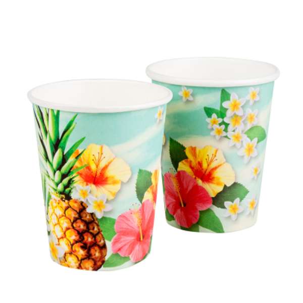 Confezione da 10 bicchieri in carta con stampe di fiori e frutta tropicale, disposti su una tavola apparecchiata.