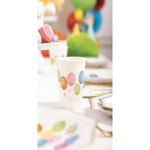 Immagine di 8 bicchieri in carta con palloncini colorati.