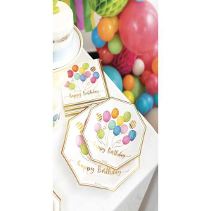 immagine di Tovaglioli e piatti in carta con una cornice d'oro e palloncini colorati.