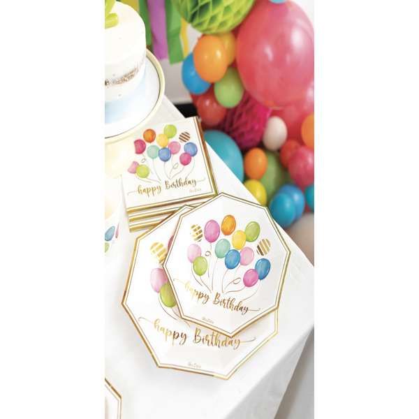 immagine di Tovaglioli e piatti in carta con una cornice d'oro e palloncini colorati.
