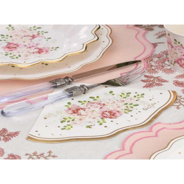 Confezione da 16 tovaglioli sagomati a forma di rosa a tema Queen Rose, disposti su una tavola apparecchiata.