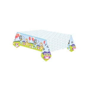 Tovaglia in carta con grafica Bluey per feste di compleanno o eventi a tema Bluey per bambini.