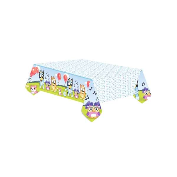 Tovaglia in carta con grafica Bluey per feste di compleanno o eventi a tema Bluey per bambini.