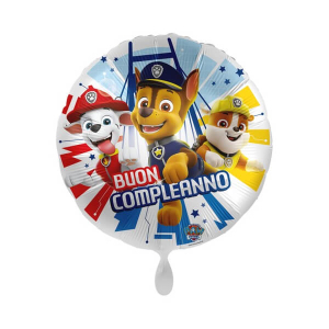 Palloncino in Mylar con i 3 personaggi principali della serie Paw Patrol (Chase, Marshall e Skye) con scritta "Buon Compleanno", misura 43cm. Perfetto per feste di compleanno a tema Paw Patrol.