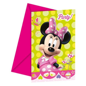 Inviti a forma di cartolina con grafica Minnie Mouse per feste di compleanno o eventi a tema Disney per bambini.