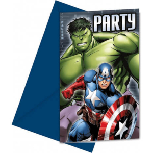 Inviti a forma di cartolina con grafica Avengers per feste di compleanno o eventi a tema Marvel per bambini.