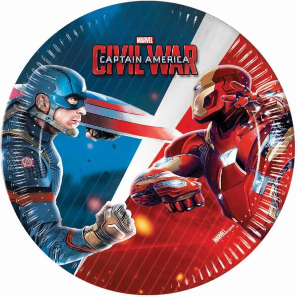 Piatti in carta usa e getta con grafica Capitan America per feste di compleanno o eventi a tema Marvel.