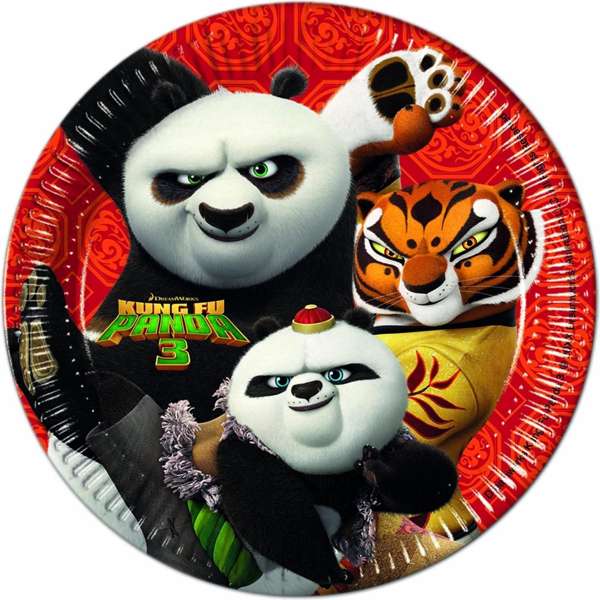 Piatti in carta usa e getta con grafica Kung Fu Panda 3 per feste di compleanno o eventi a tema animato.