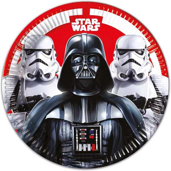 Piatti in carta usa e getta con grafica Star Wars per feste di compleanno o eventi a tema galattico.