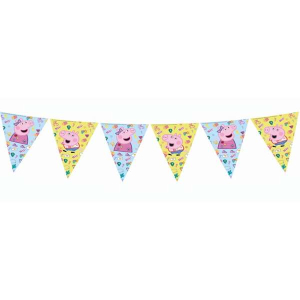 Festone in plastica con bandierine stampate con immagini di Peppa Pig, George, Mamma Pig e Papà Pig, misura 2.3 metri. Perfetto per decorare feste di compleanno a tema Peppa Pig.