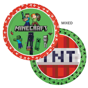 Piatti in carta usa e getta con grafica Minecraft per feste di compleanno o eventi a tema Minecraft per bambini.