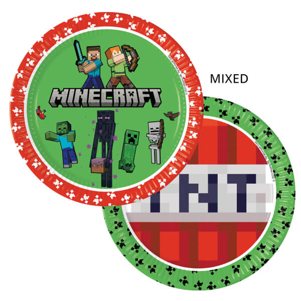 Piatti in carta usa e getta con grafica Minecraft per feste di compleanno o eventi a tema Minecraft per bambini.