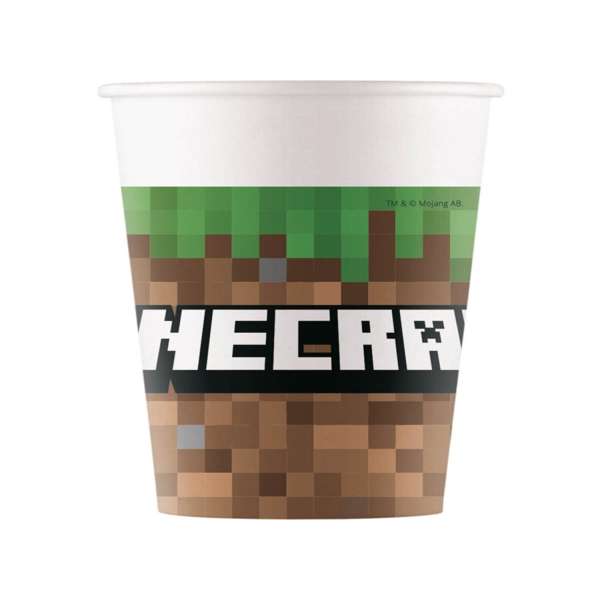 Bicchieri in carta usa e getta con grafica Minecraft per feste di compleanno o eventi a tema Minecraft per bambini.