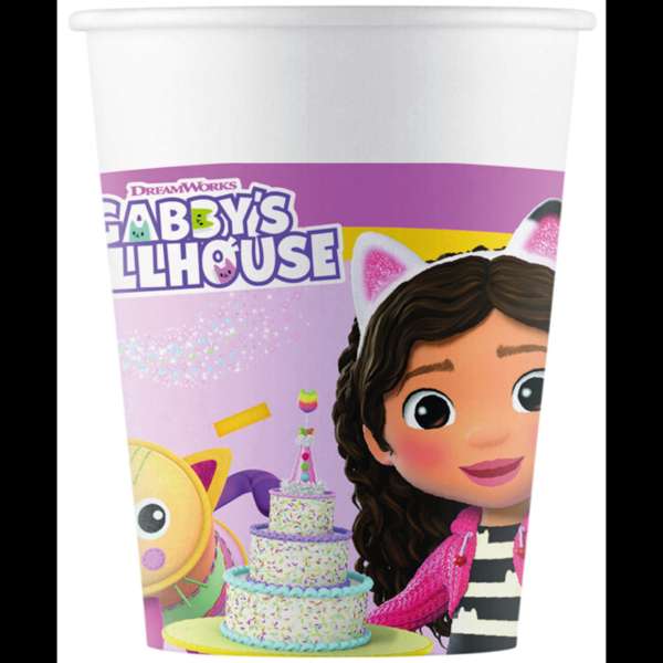 Bicchieri Gabby's Dollhouse Bicchieri ufficiali Gabby's Dollhouse in carta da 200ml, perfetti per feste a tema Gabby's Dollhouse, compleanni e eventi per bambini. 8 bicchieri biodegradabili.