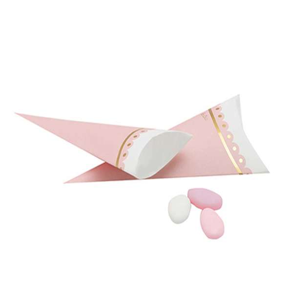 Coni in carta stampa con fantasia rosa oro per confettate di cerimonie, battesimi, comunioni, nascite, cresime e matrimoni.