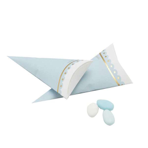 Coni in carta stampa con fantasia azzurro oro per confettate di cerimonie, battesimi, comunioni, nascite, cresime e matrimoni.