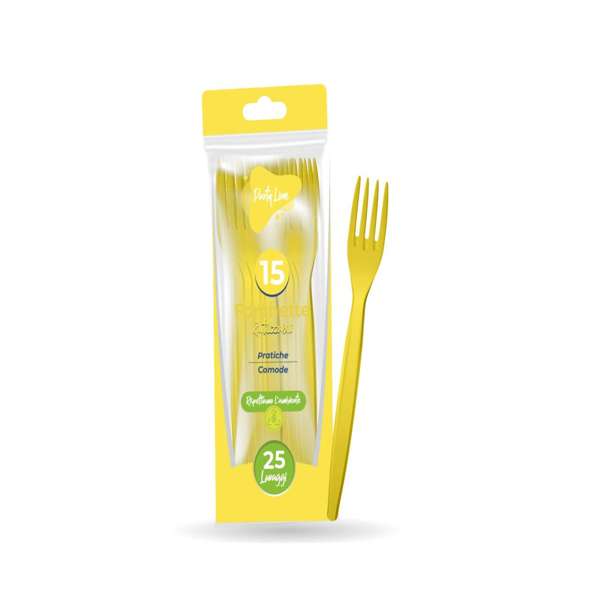 Confezione da 15 forchette in plastica lavabile di colore giallo. Perfette per feste, eventi, picnic e uso quotidiano.